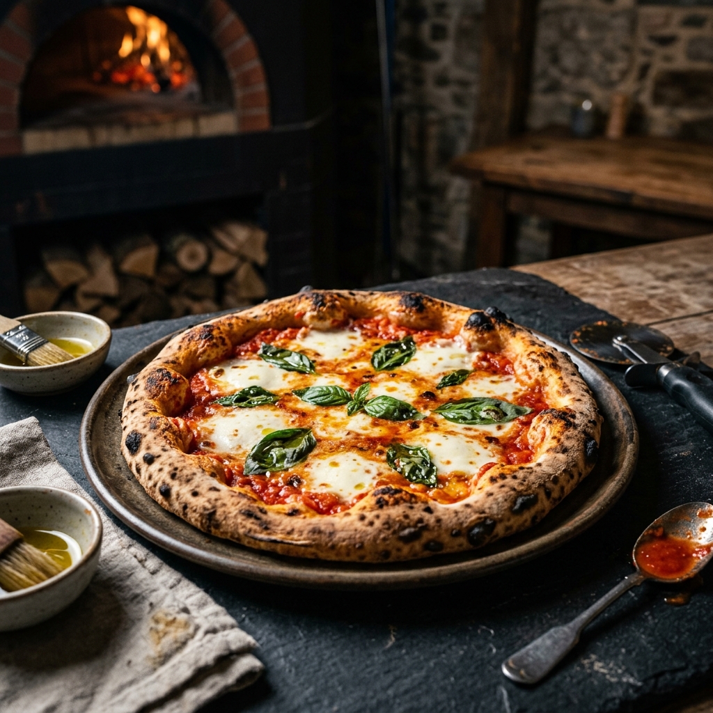 Pizza Napolitana recien horneada con mozzarella y albahaca
